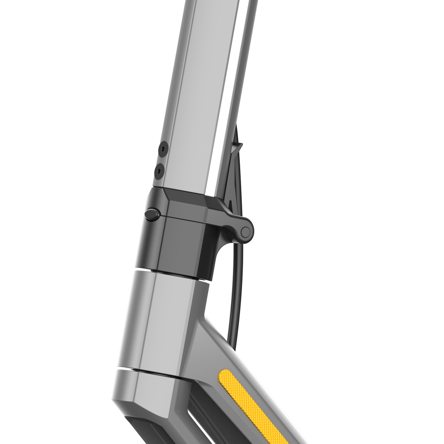 A gray electric scooter's main stem column