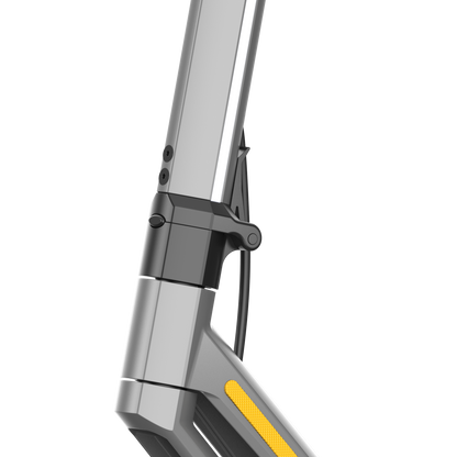 A gray electric scooter's main stem column