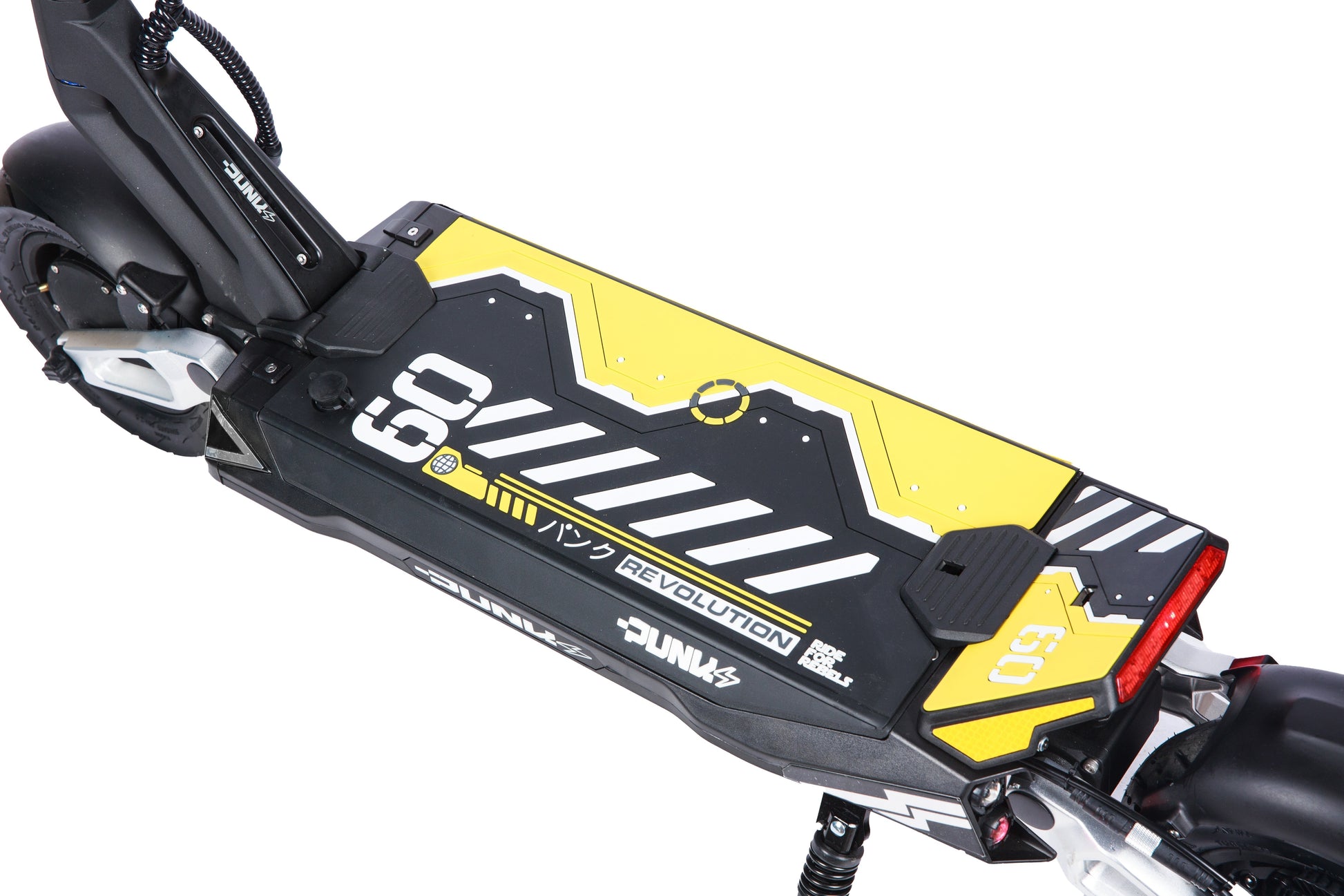 Punk Rebel Electric Scooter with dual 3600W motors, 84-mile range, hydraulic disc brakes, and durable tires for powerful commuting