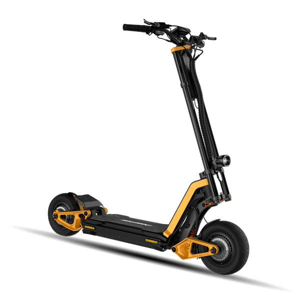 INMOTION RS electric scooter, three-quarter studio view in black and orange