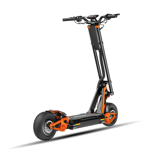 INMOTION RS Lite electric scooter, three-quarter studio view in orange and black
