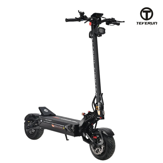 Teverun Fighter Supreme Ultra electric scooter studio view from the front quarter