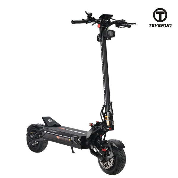 Teverun Fighter Supreme Ultra electric scooter studio view from the front quarter