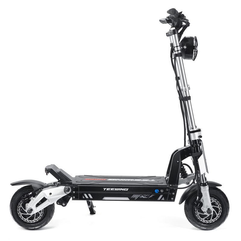 Black electric scooter with visible branding on a white background