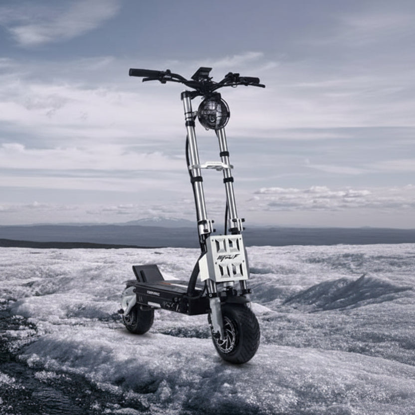 Electric scooter on a snowy landscape