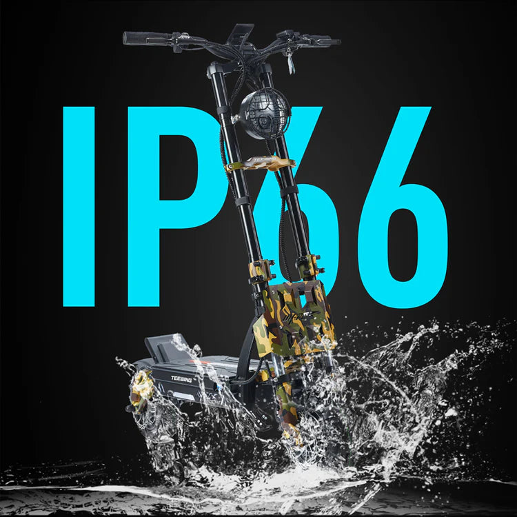 Robotics equipment with water splashes and 'IP66' text on a black background