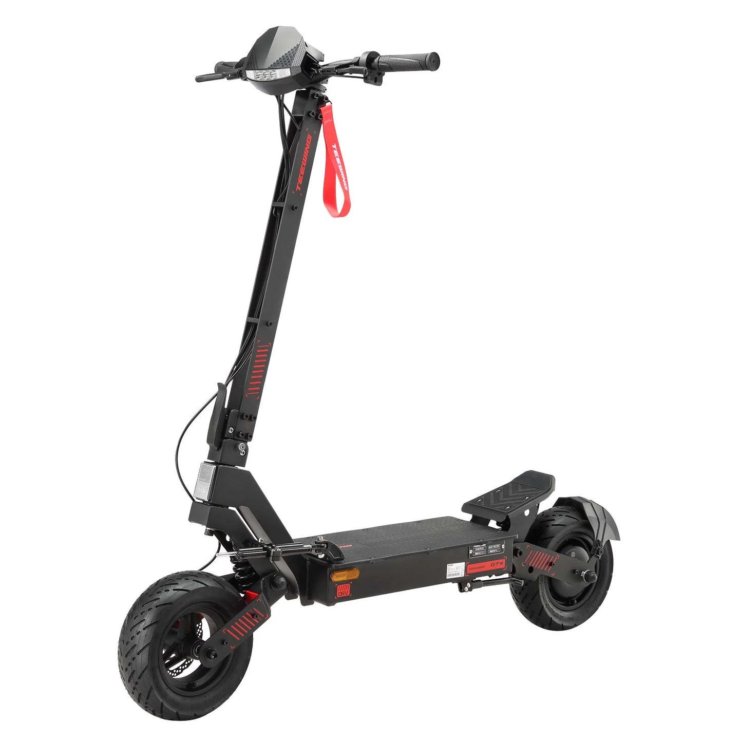Black electric scooter with red accents on a white background