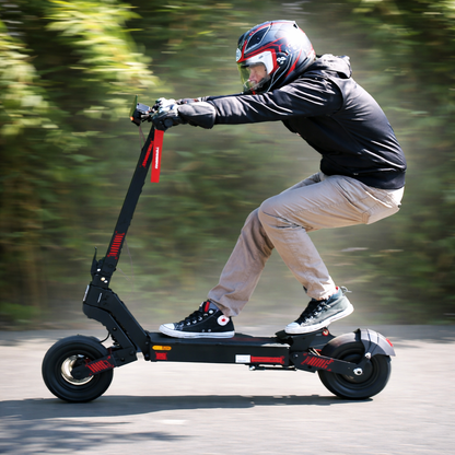 Person riding a black electric scooter on a road with greenery in the background