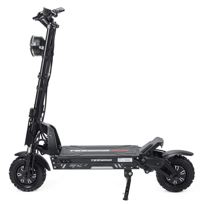 Black electric scooter with visible branding on a white background
