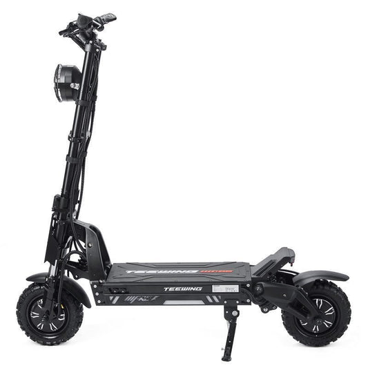 Black electric scooter with visible branding on a white background