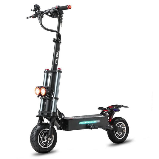 Black electric scooter with visible branding on a white background