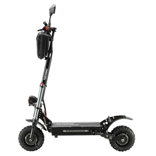 Black electric scooter with large wheels on a white background