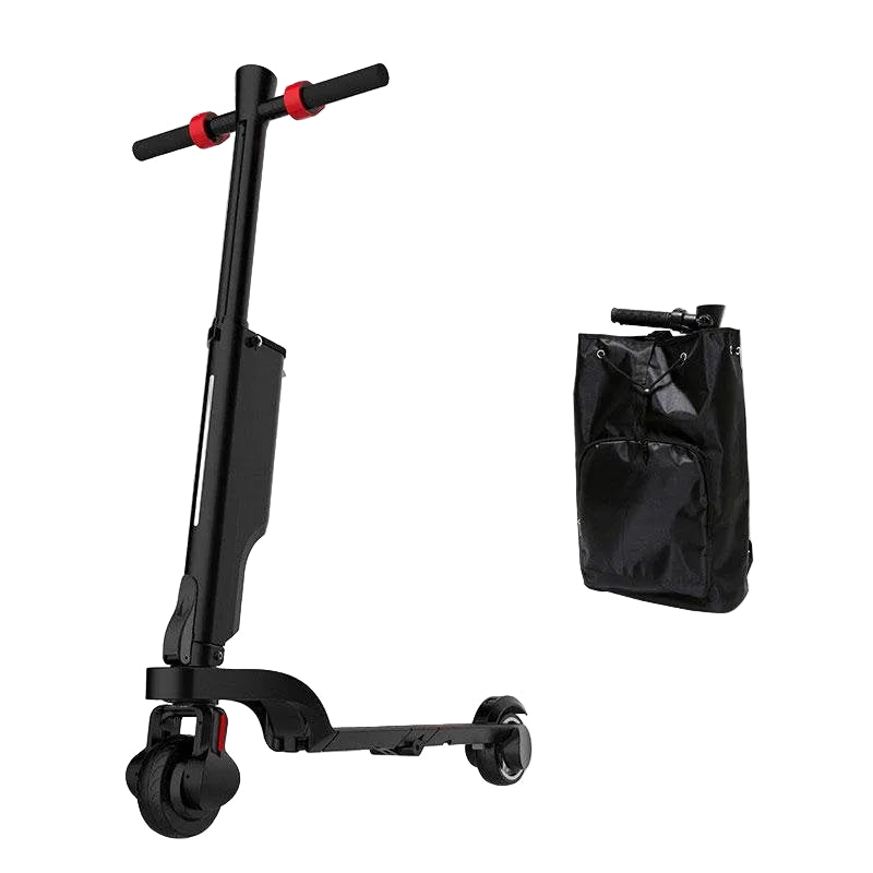 Black scooter with red accents and a black carrying bag on a white background