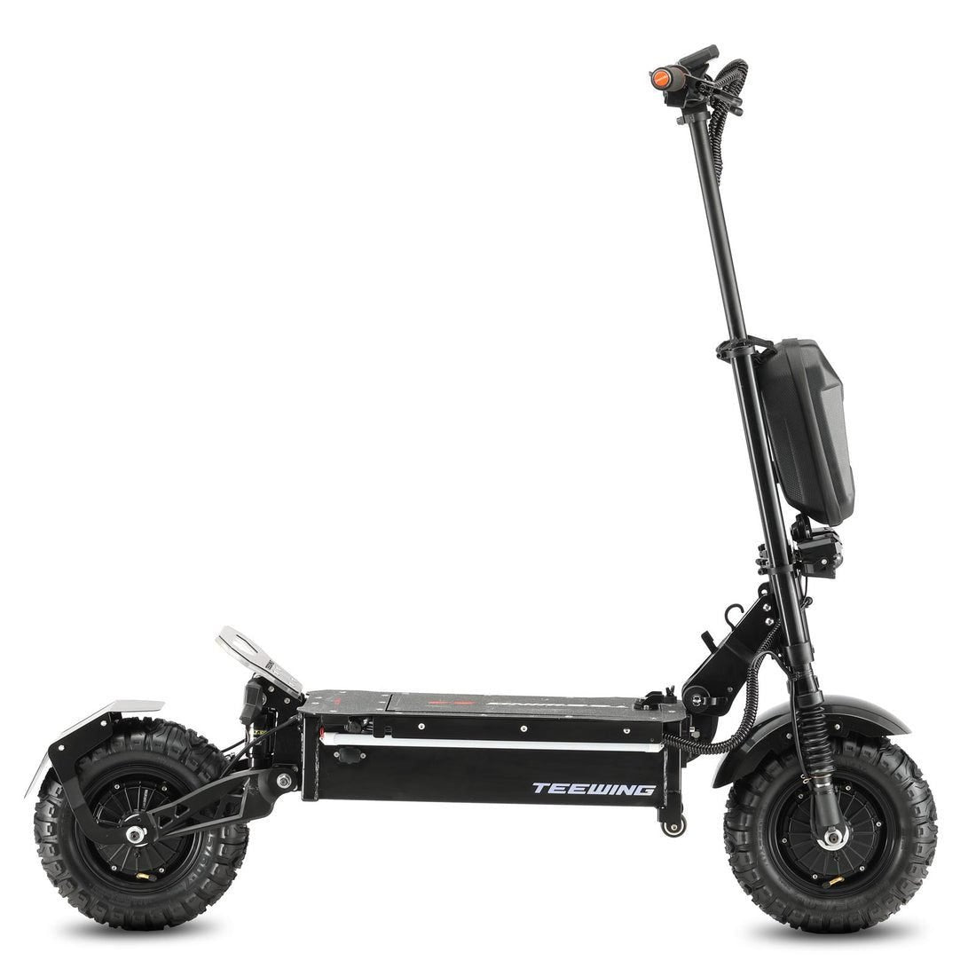 Black electric scooter with large wheels on a white background