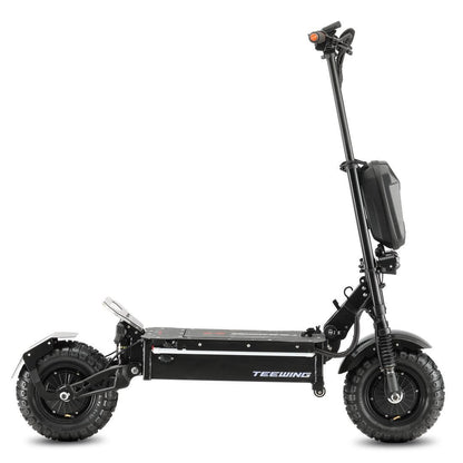 Black electric scooter with large wheels on a white background
