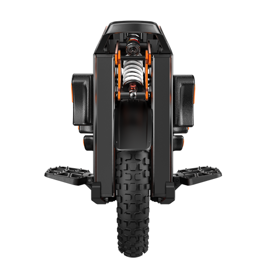 INMOTION V14 PRO electric unicycle from the rear showing the progressive coil-over spring