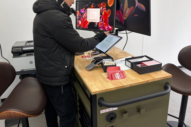 Person using a computer with dual monitors at a desk in an office setting