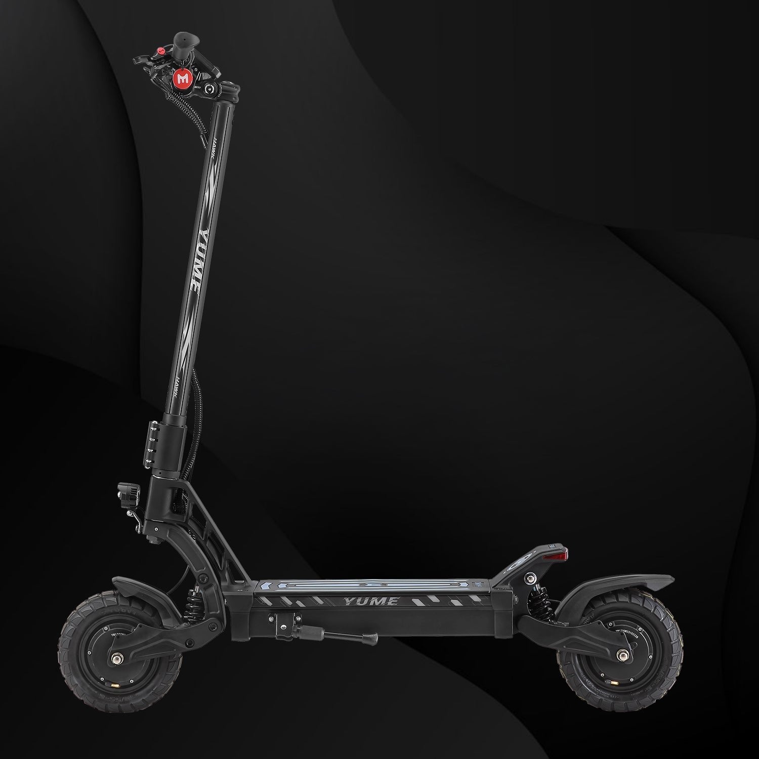 Black electric scooter with 'Yume' branding on a dark background