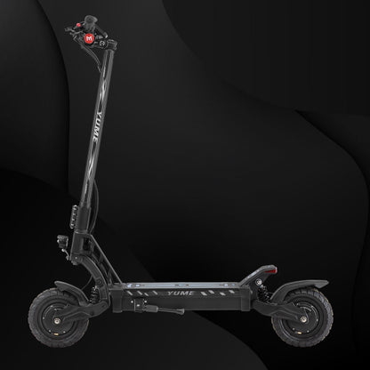 Black electric scooter with 'Yume' branding on a dark background