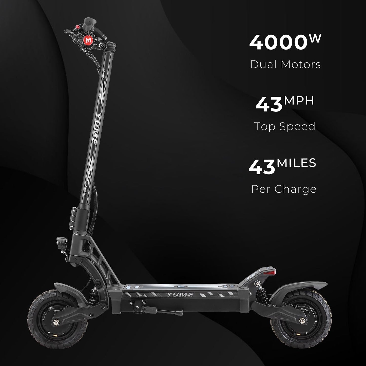Black electric scooter with specifications on a dark background