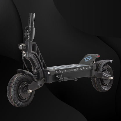 Black scooter with visible branding on a dark background