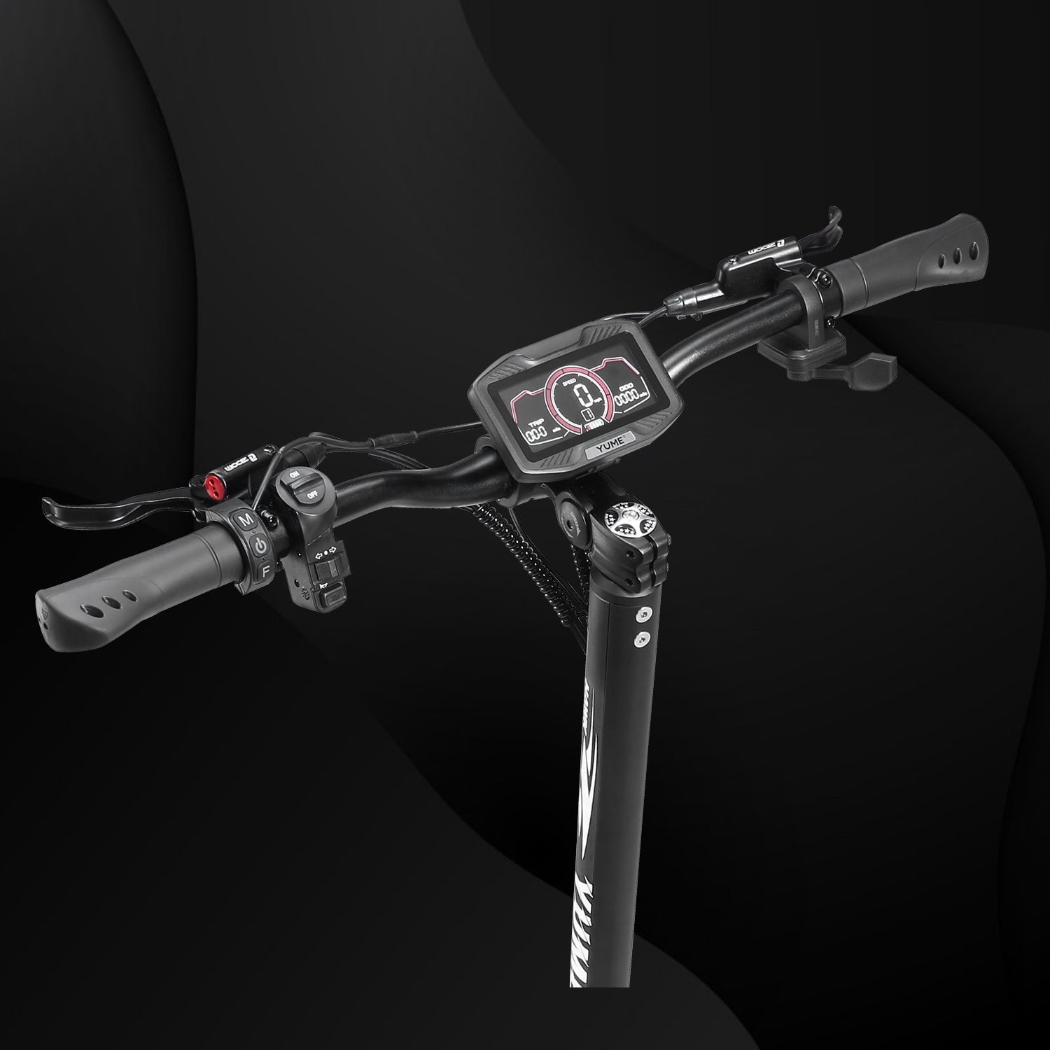 Close-up of a bicycle handlebar with digital display on a black background
