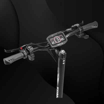 Close-up of a bicycle handlebar with digital display on a black background
