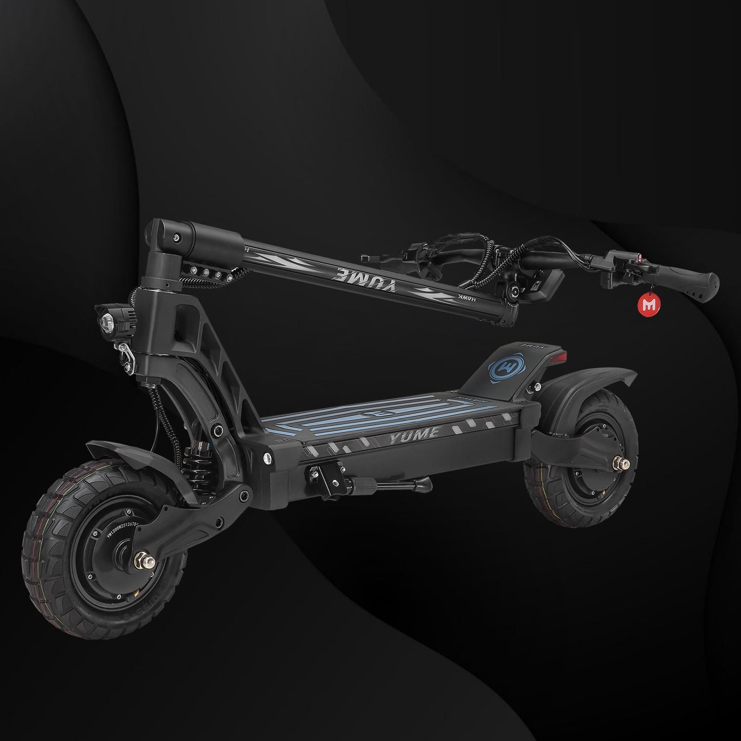 Black electric scooter with visible branding on a dark background