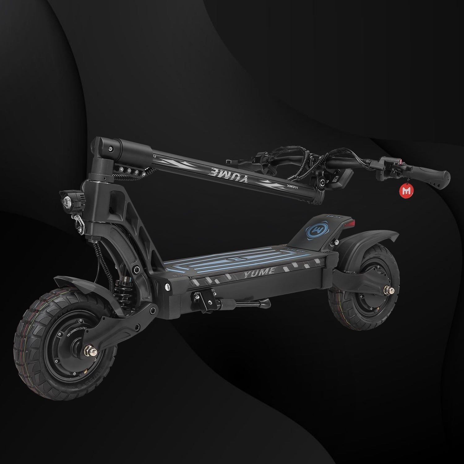 Black electric scooter with visible branding on a dark background