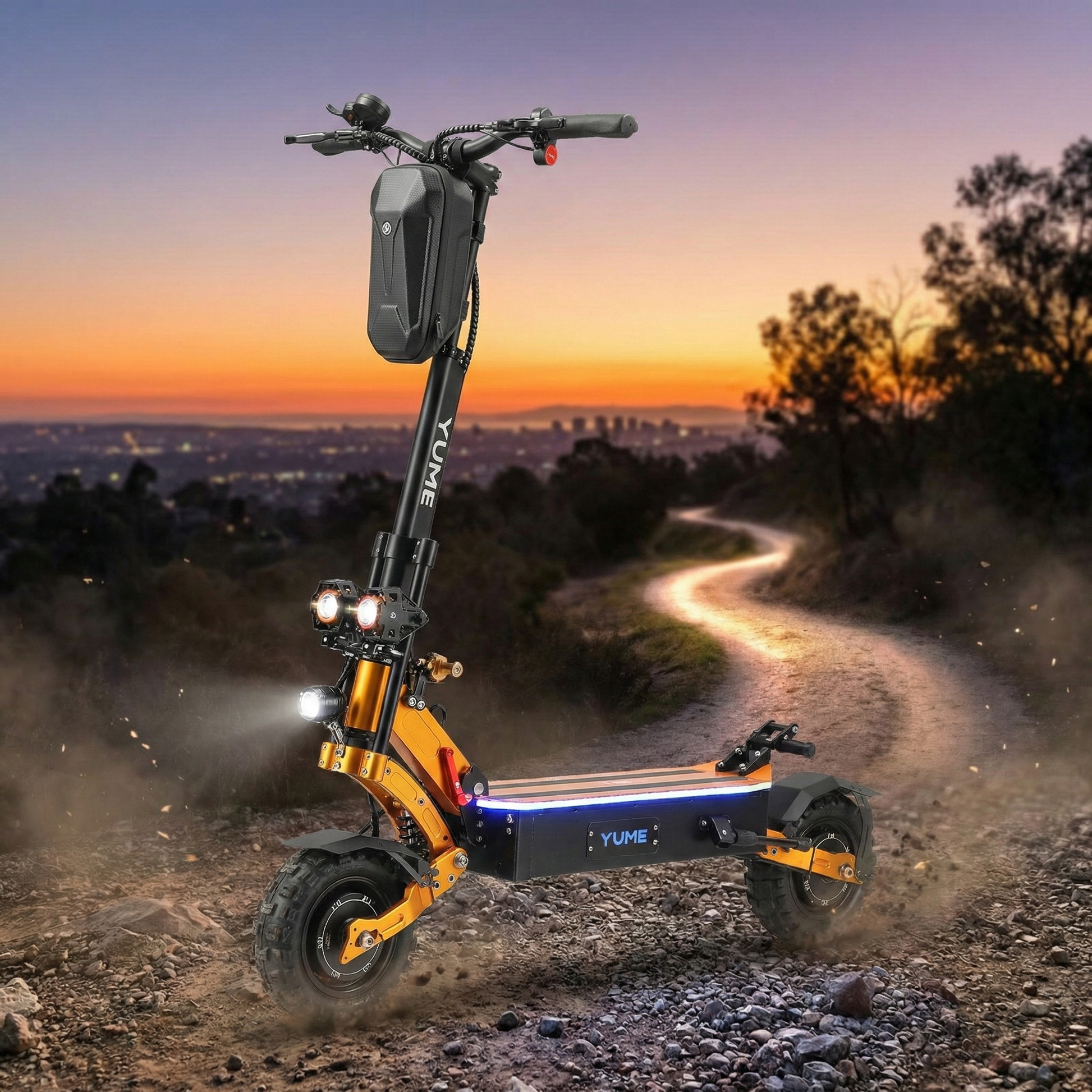 Yuneec electric scooter on a dirt path with a cityscape at sunset