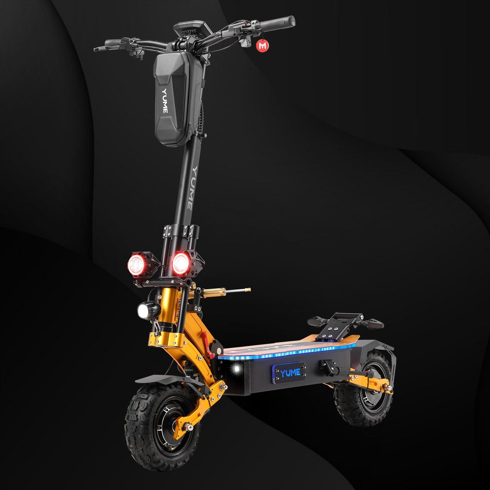 Yellow electric scooter with black frame on a dark background