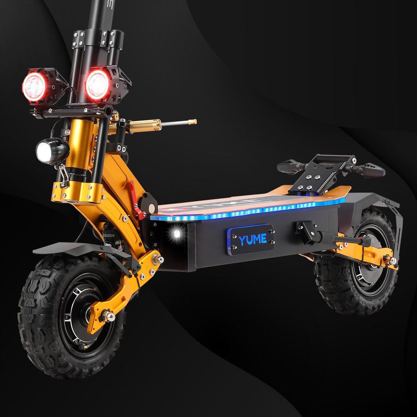 Yellow electric scooter with visible branding on a black background