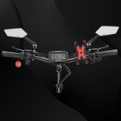 Motorcycle handlebar with mirrors and control buttons on a black background