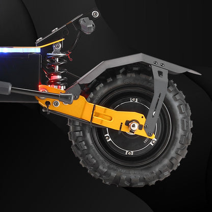 Close-up of a scooter's suspension system with a black background