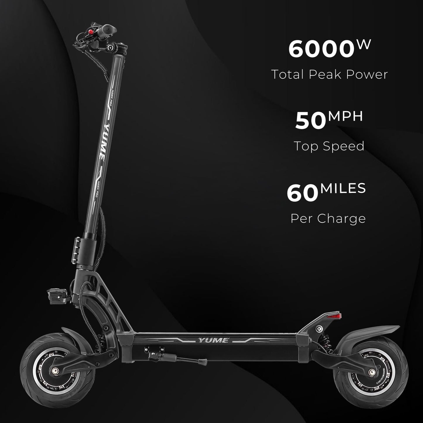 YUME electric scooter with specifications on a black background