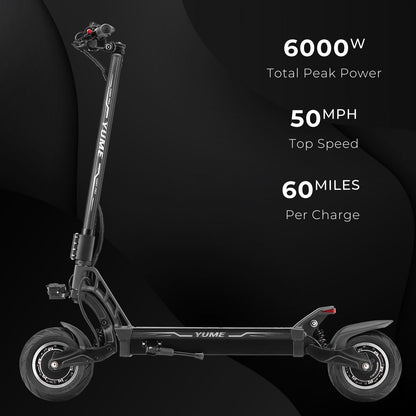YUME electric scooter with specifications on a black background