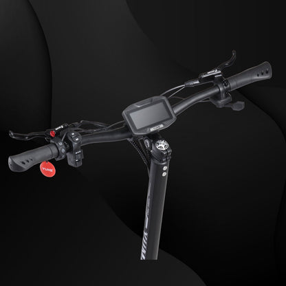 Close-up of bicycle handlebars with a digital display on a black background