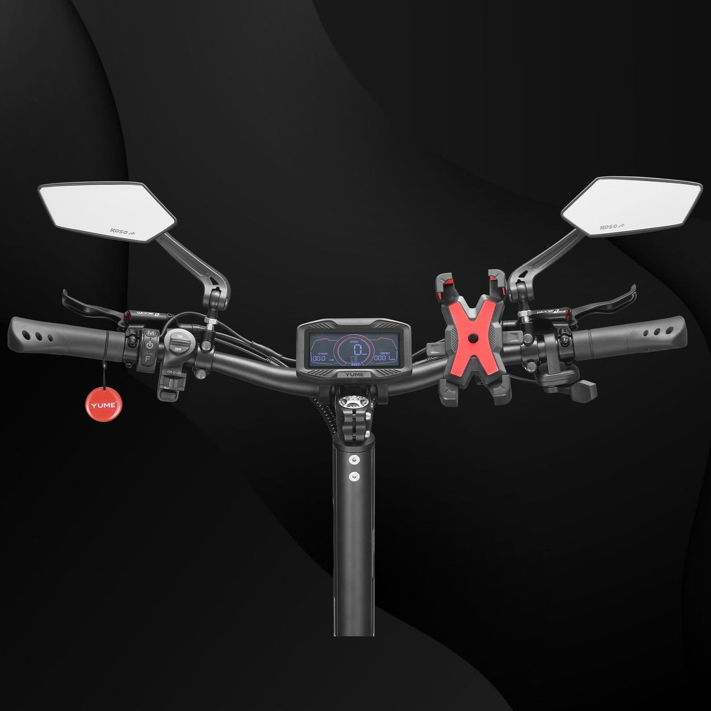 Motorcycle handlebar with digital display and mirrors on a black background