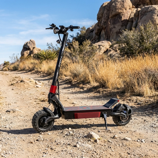 Electric scooter on a dirt path with rocky landscape in the background