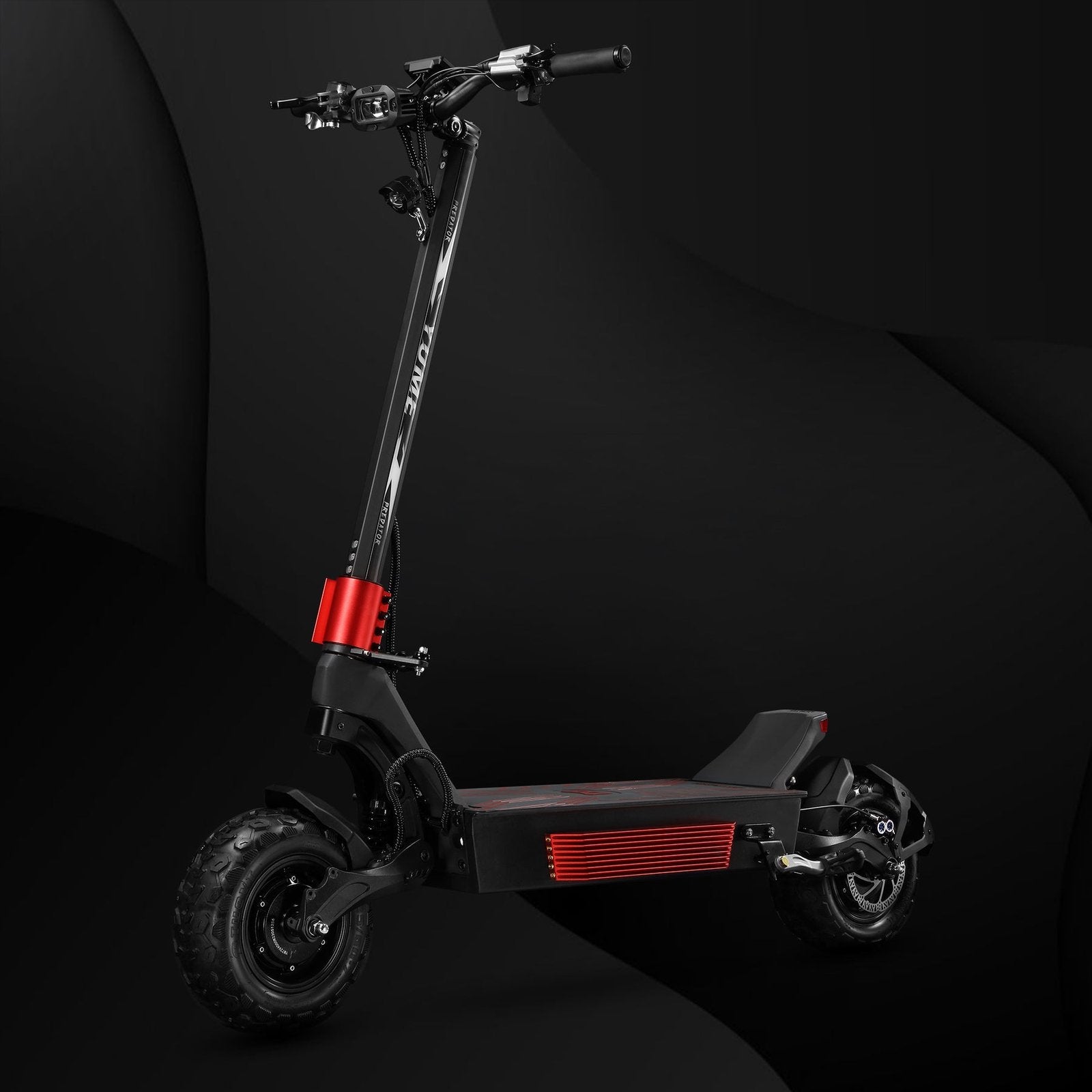 Black electric scooter with red accents on a dark background