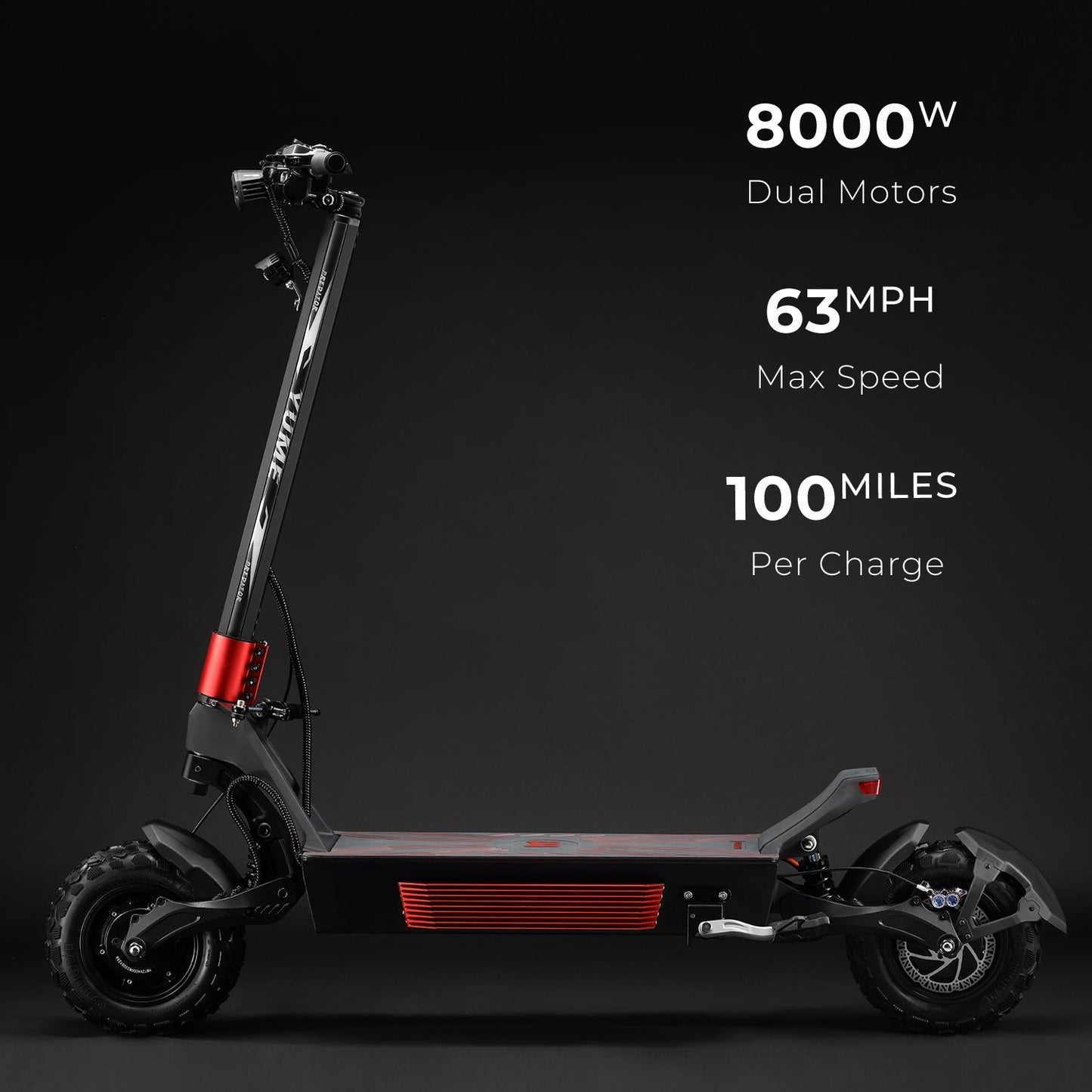 Electric scooter with specifications on a dark background