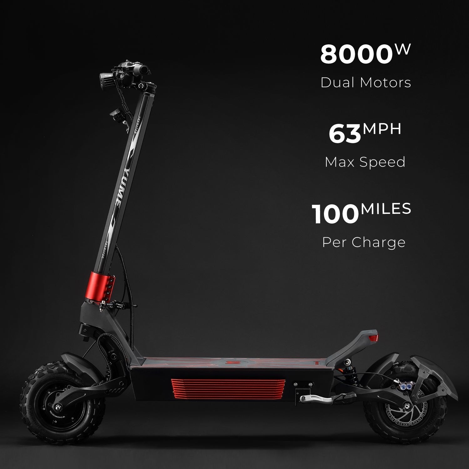 Electric scooter with specifications on a dark background