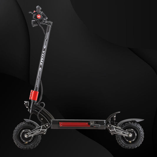 Black electric scooter with red accents on a dark background