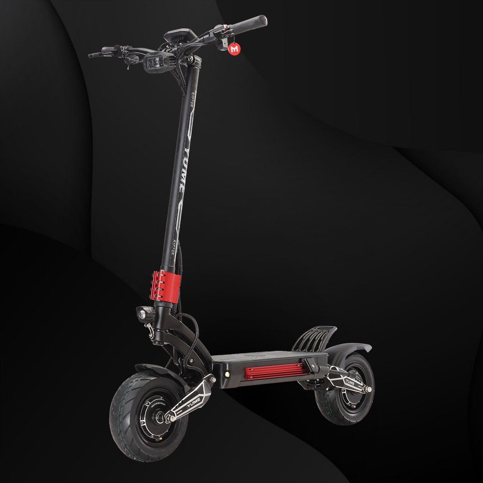 Black electric scooter with red accents on a dark background