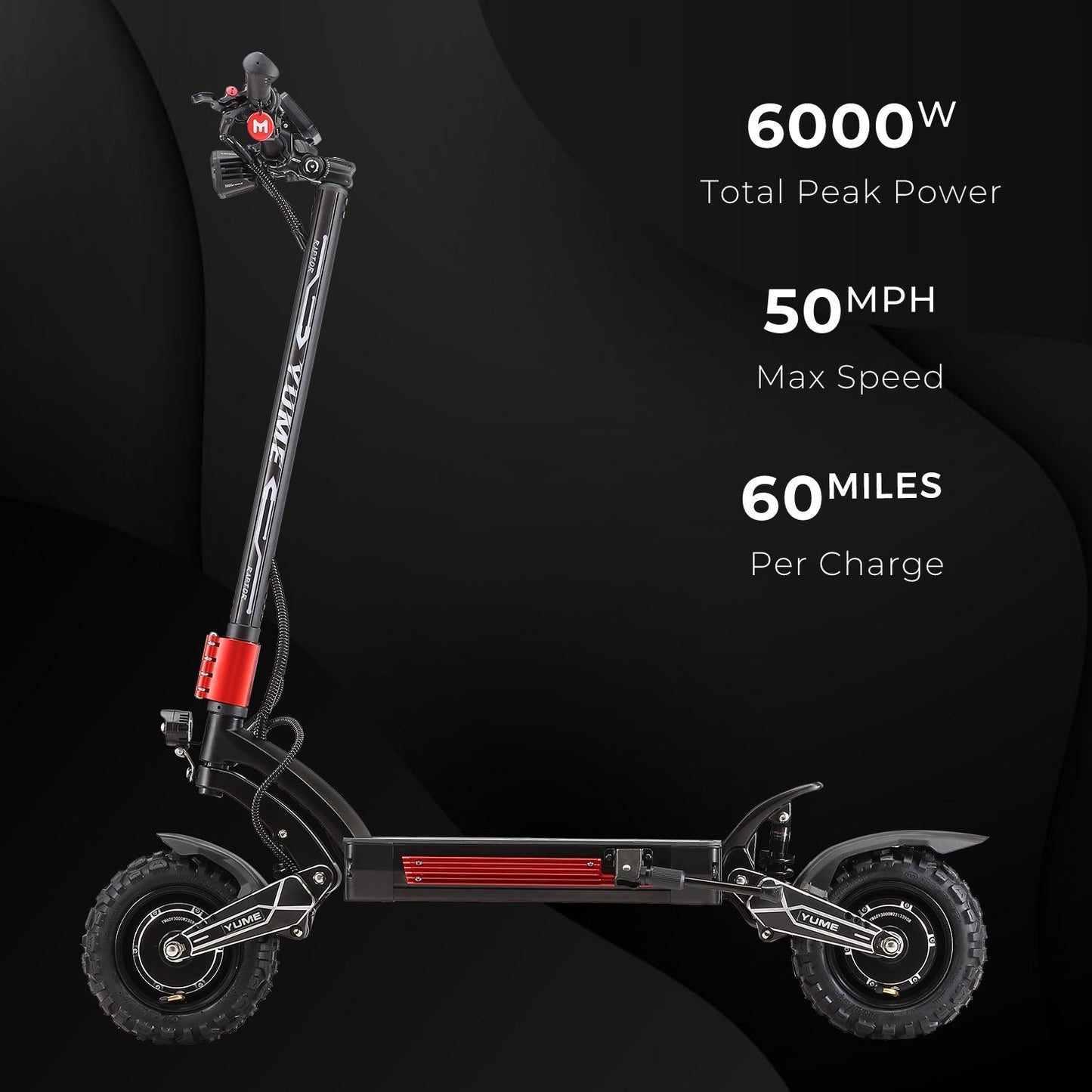 Electric scooter with specifications on a black background