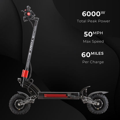 Electric scooter with specifications on a black background