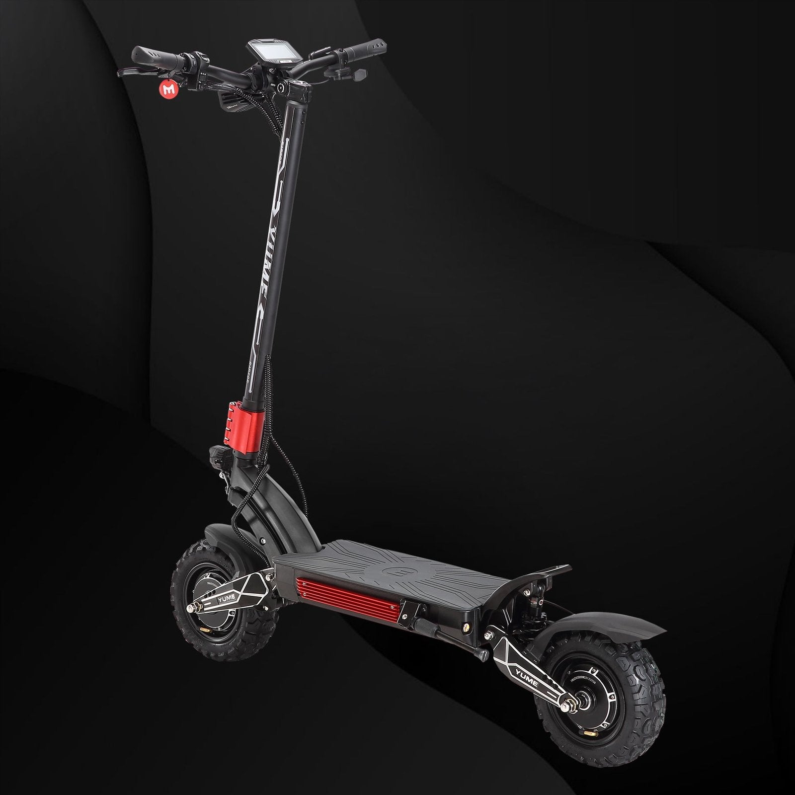 Black electric scooter with red accents on a dark background