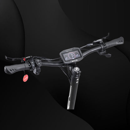 Close-up of bicycle handlebar with digital display on a black background