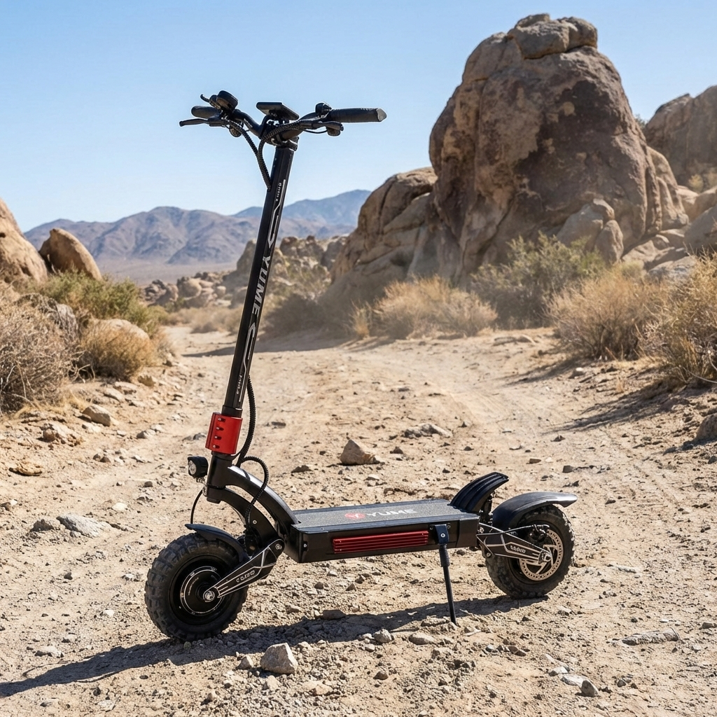 Electric scooter in a desert landscape with large rocks and mountains.