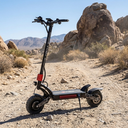 Electric scooter in a desert landscape with large rocks and mountains.